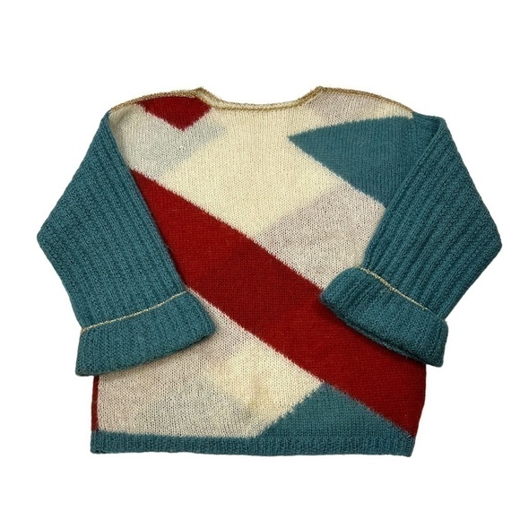 Boxy Geometric Print Fuzzy Mohair Blend Sweater Gold Trim Vintage Handmade - Picture 6 of 8